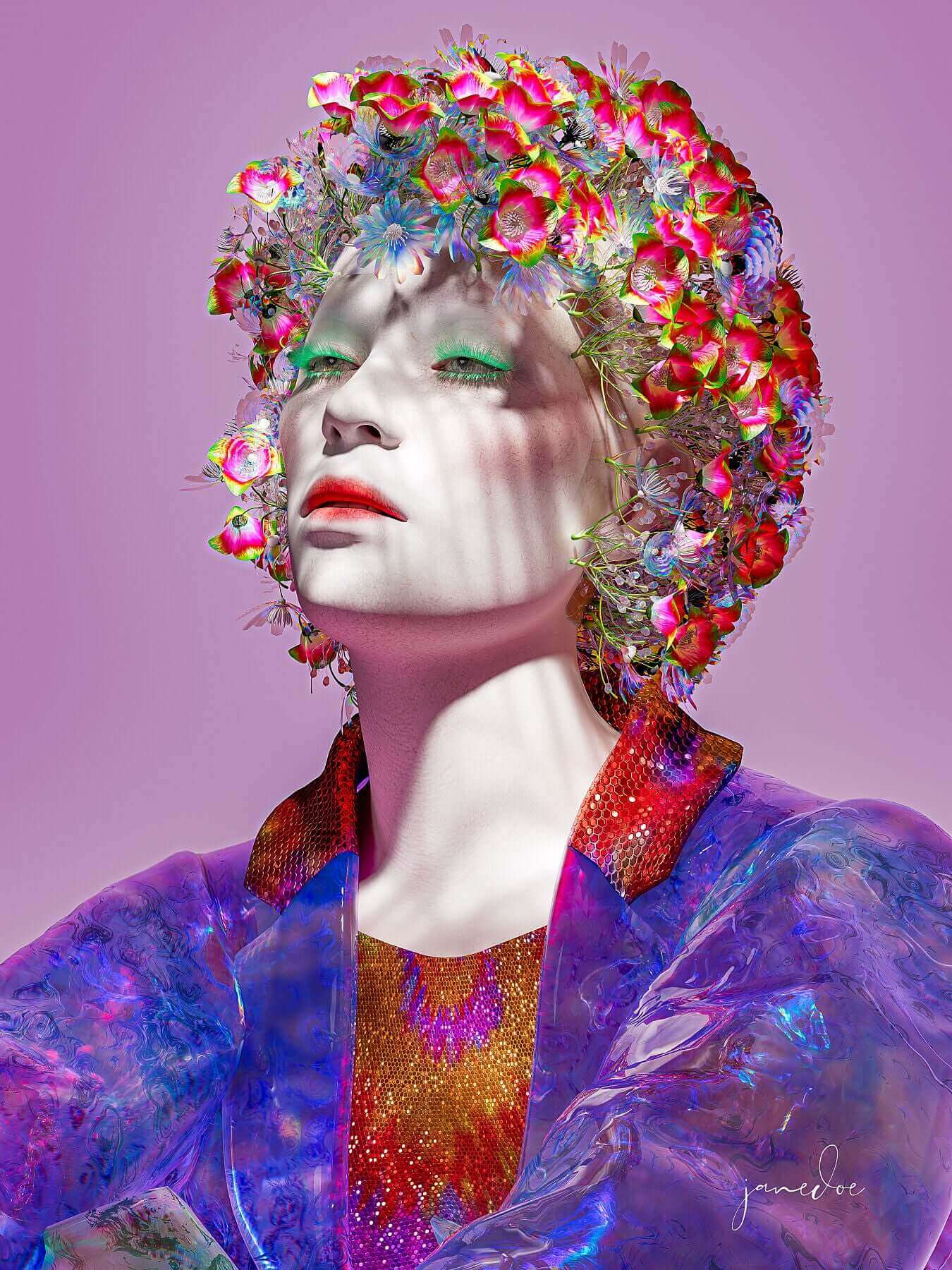 Trippy modern digital art print of a person in a glass suit, with vibrant colors and floral headpiece, on a smooth texture canvas.