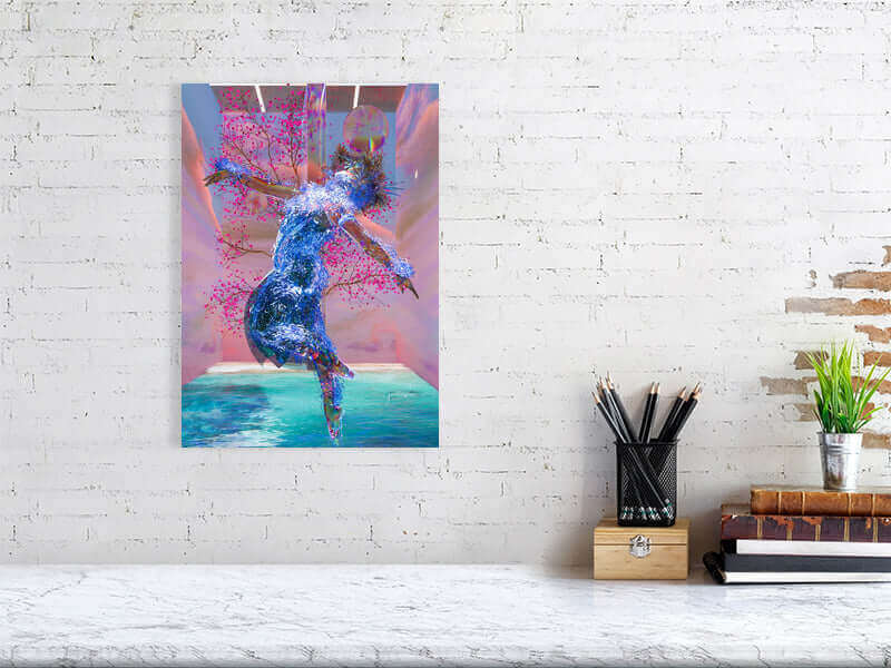 Trippy digital art print framed on a white wall, featuring vibrant colors and abstract design. Modern big canvas, perfect for home decor.