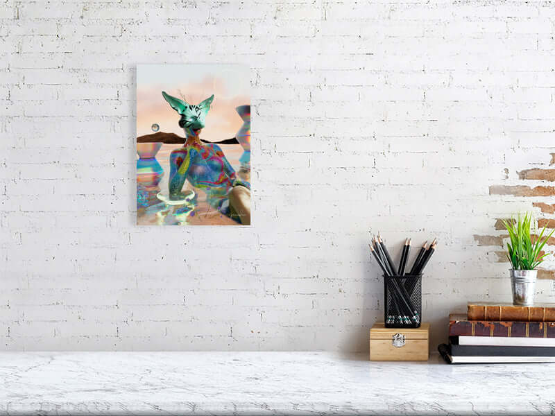 Trippy modern digital art print on Hahnemühle Photorag paper, featuring a framed Kitsune canvas with smooth texture, perfect for commissions.