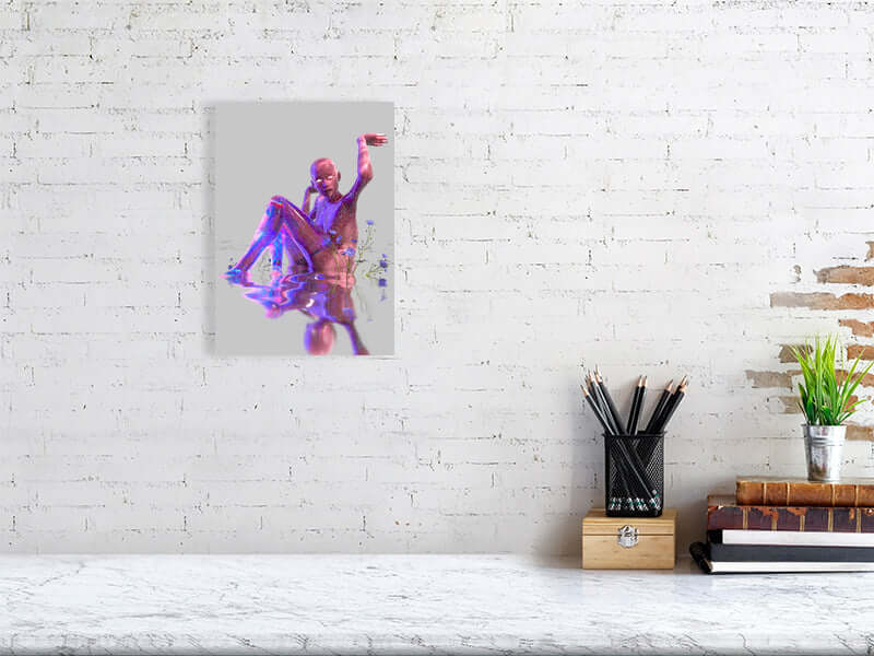 Digital art print on Hahnemühle Photorag paper featuring a trippy, modern design in a premium frame displayed on a white brick wall.