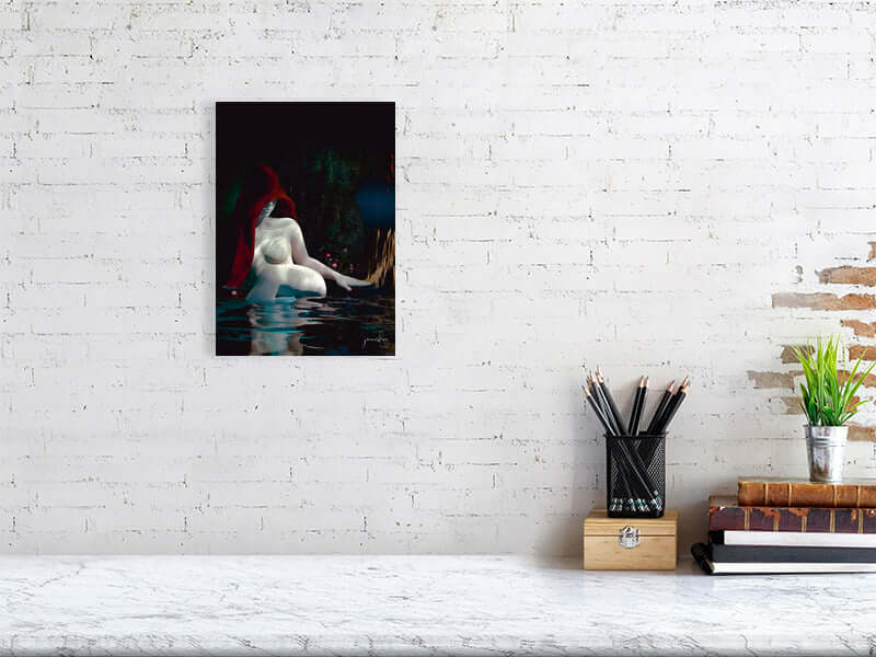 "Moody Era digital art print on a white brick wall, featuring trippy modern design with smooth texture, on Hahnemühle Photorag 300GSM paper."