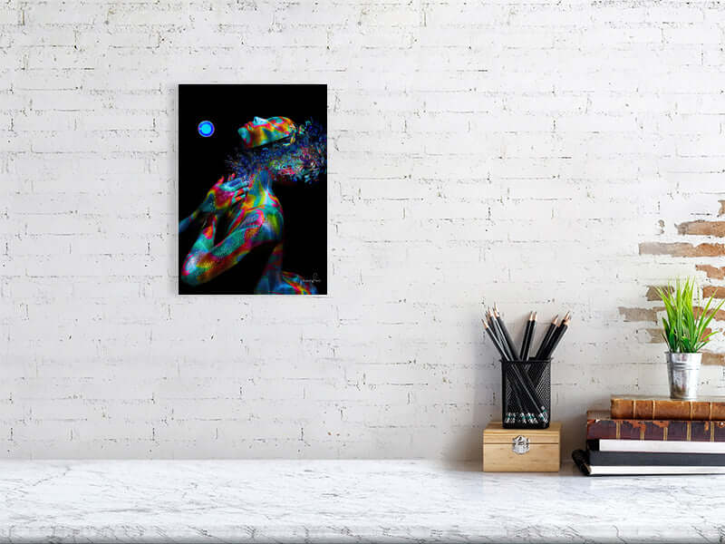 Trippy digital art print of a colorful figure in a modern framed canvas on a white brick wall, ideal for large canvas display.