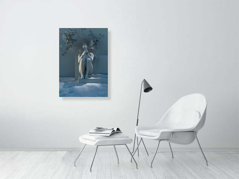 Modern trippy digital art print "Free as a Bird - Clay Mode" on framed canvas, displayed in contemporary minimalist room setting.