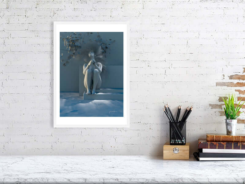 Framed digital art print "Free as a Bird" on a smooth texture wall, featuring modern trippy art, perfect for commission or large canvas display.