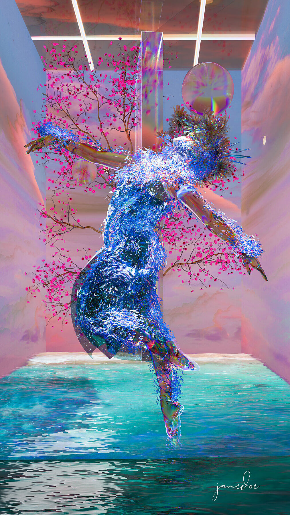 Trippy digital art print of a dancing figure surrounded by water and vibrant colors, set against a surreal background, available as a framed canvas.