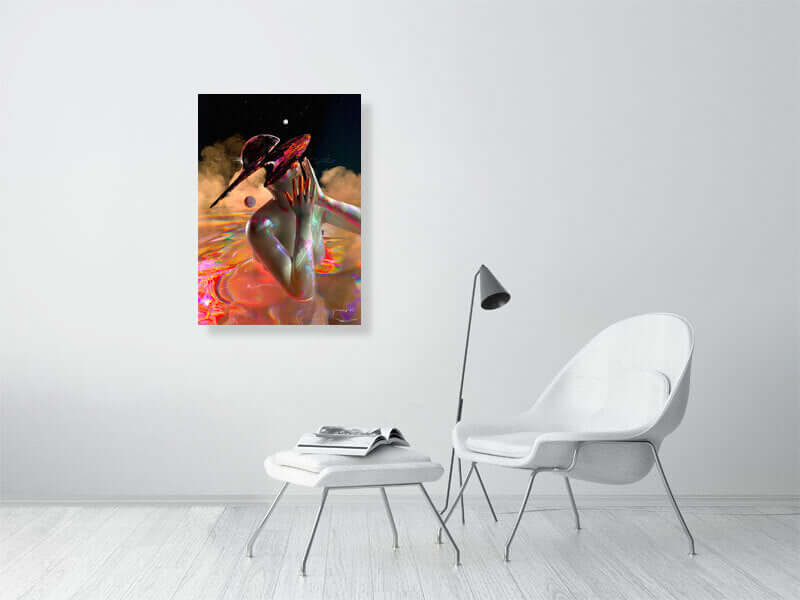 Modern trippy digital art print on a framed canvas displayed on a wall above a minimalist white chair and table arrangement in a room.