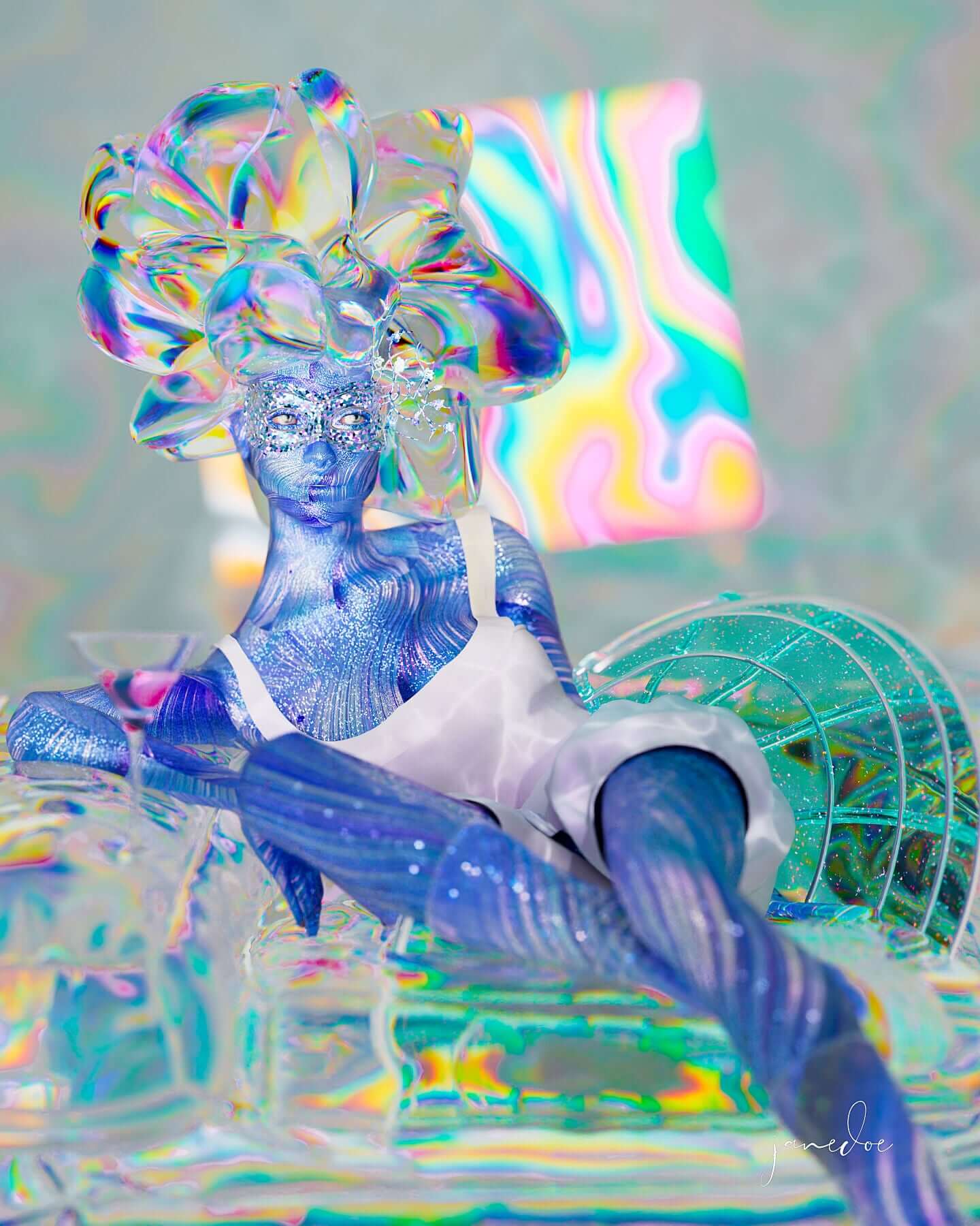 Ethereal digital art print of a trippy, modern figure lounging with vibrant, psychedelic colors in the background.