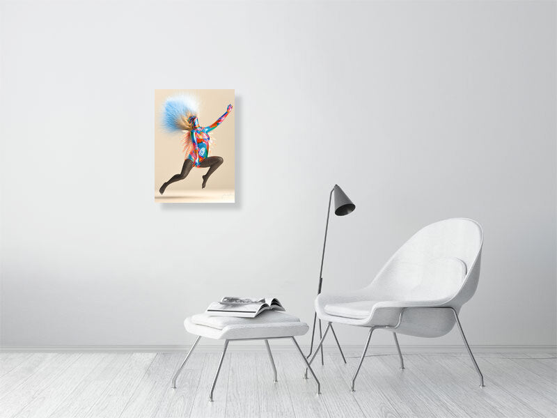 Modern digital art print on wall, framed canvas with trippy design in minimalist white room setting with chair and lamp.