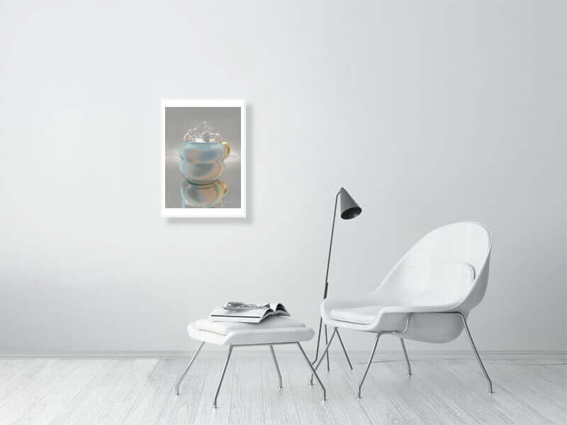 Digital art print of a trippy cup on framed canvas, displayed on a modern white wall above minimalist furniture. Luxurious, premium finish.