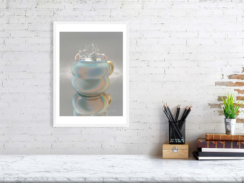 Framed digital art print of a trippy, modern cup displayed on a white brick wall, featuring a luxurious, smooth texture canvas with certificate.