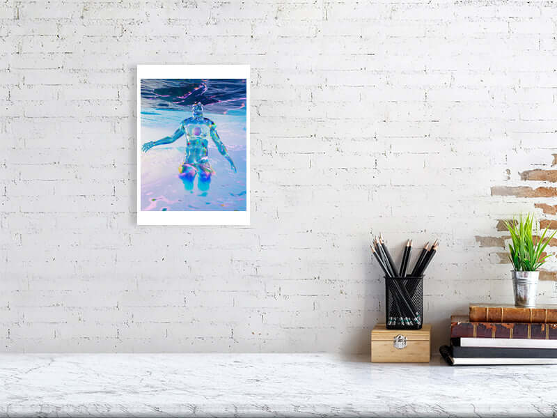 Trippy digital art print "Head In The Clouds" on wall, framed in a modern setting with smooth Hahnemühle Photorag texture.