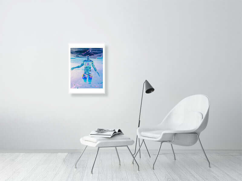 Modern living room with "Head In The Clouds" digital art print in a white frame, featuring a trippy, surreal underwater scene.