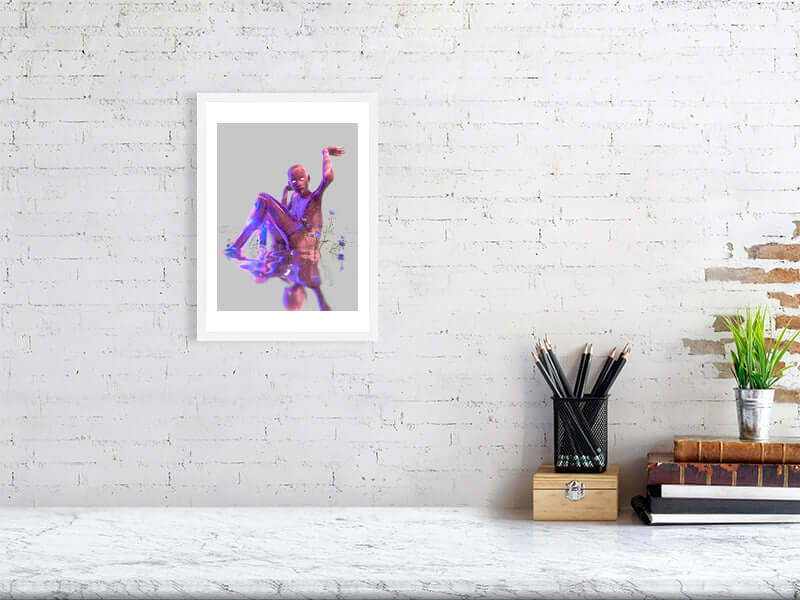 Framed digital art print on a white brick wall, featuring a trippy, modern design with smooth texture on Hahnemühle Photorag paper