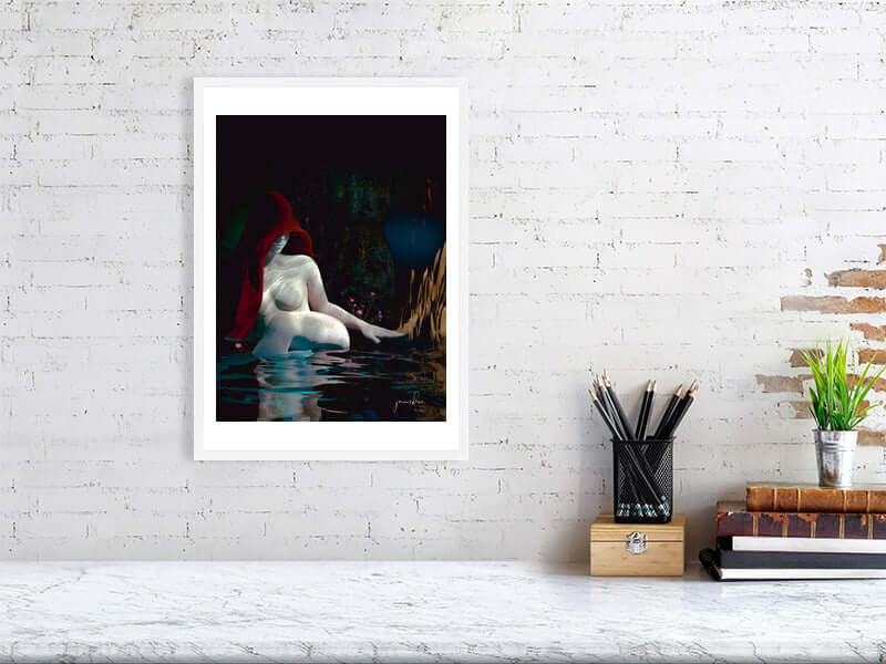 Moody Era digital art print, framed canvas on a white brick wall; modern, trippy design with a smooth, luxurious finish