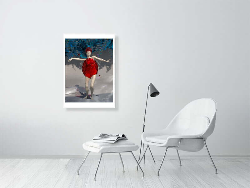 Framed Rasberry Dreams digital art print on a modern living room wall above a white chair and side table.