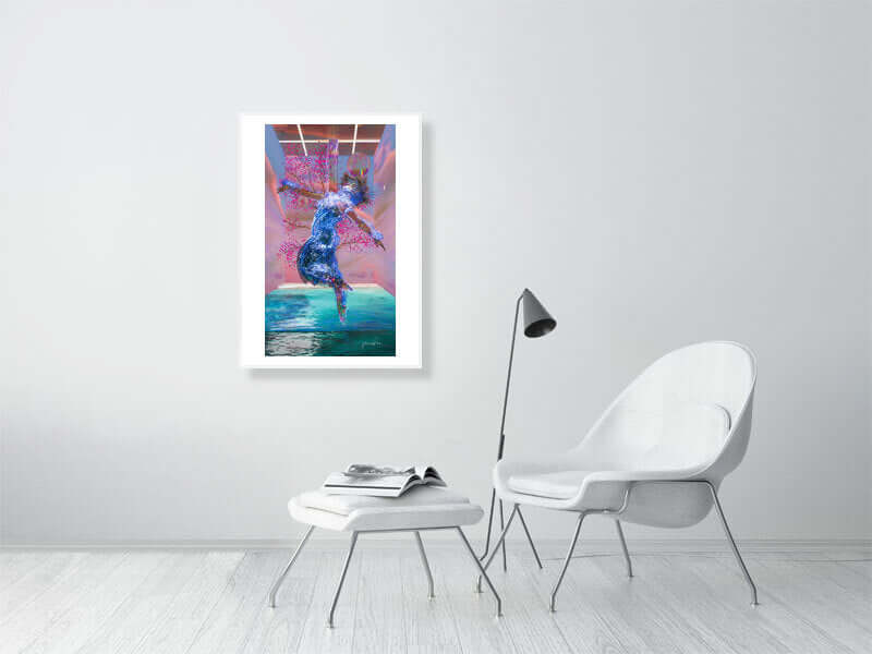 Modern trippy digital art print with smooth texture, framed canvas displayed in minimalist room, big canvas, suitable for commission.