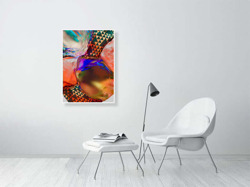 Modern digital art print with trippy design, framed canvas on wall above white chair and table in minimalist room.