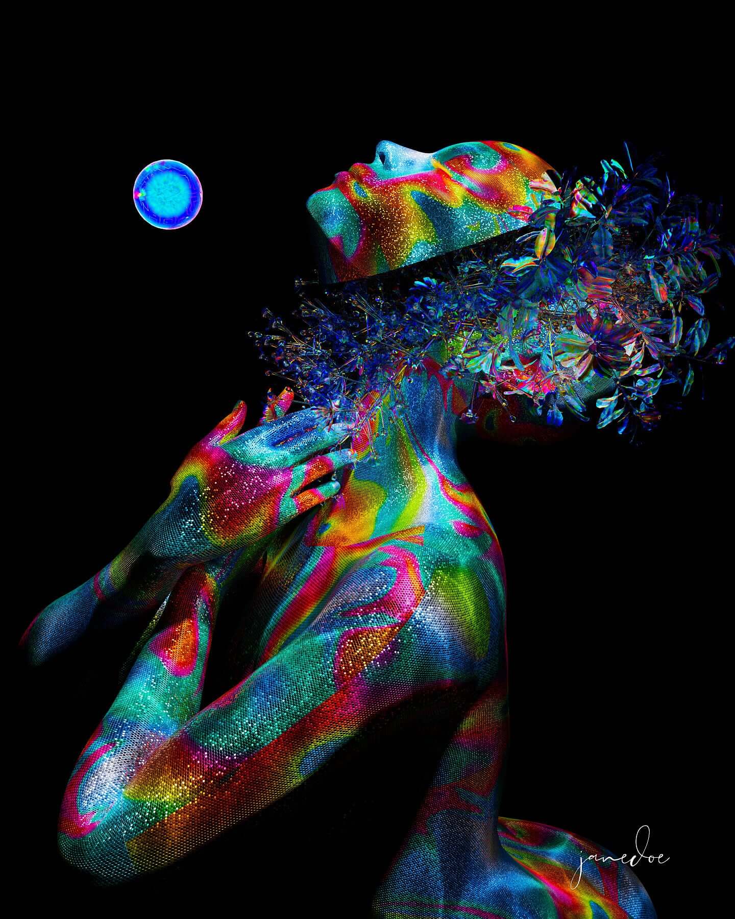 Vibrant trippy digital art print of an abstract figure with swirling colors and a blue orb in the background, showcased on black.