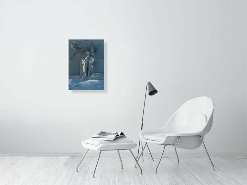 Modern living room with framed digital art print titled "Free as a Bird," featuring a trippy, smooth texture and luxurious finish.