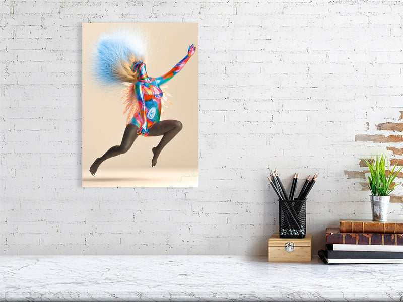 "Rhapsody digital art print, framed canvas in a trippy, modern style with vibrant colors and dynamic figure on smooth Hahnemühle Photorag paper"