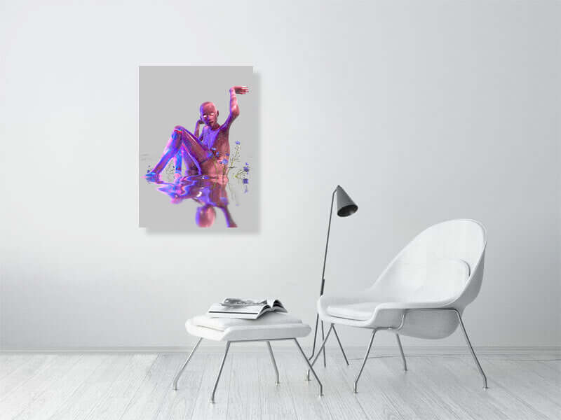 Modern digital art print titled "Naked" displayed in a minimalistic living room; features trippy, vibrant colors on a premium Giclée Hahnemühle Photorag canvas.