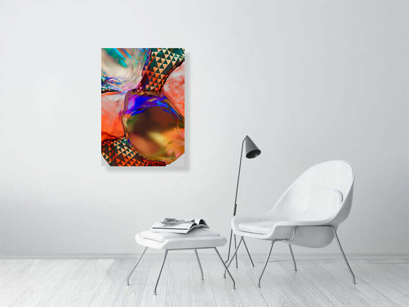 Modern trippy digital art print on framed canvas, displayed in a minimalist living room with white chair, table, and floor lamp.