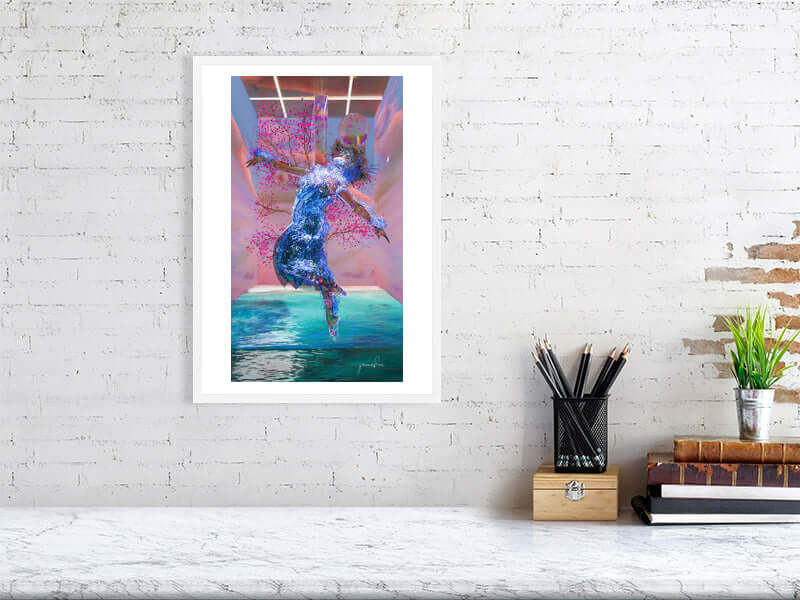 Framed digital art print “Like Honey” on a white brick wall, featuring trippy modern design with vivid colors and smooth texture.