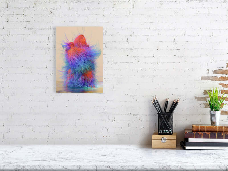 Trippy digital art print on Hahnemühle Photorag paper, framed canvas on white brick wall, modern big canvas with vibrant colors.