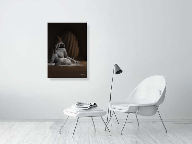 Modern minimalist room with Moody Era - Clay Mode digital art print, framed on wall above white chairs and table, featuring trippy abstract design.