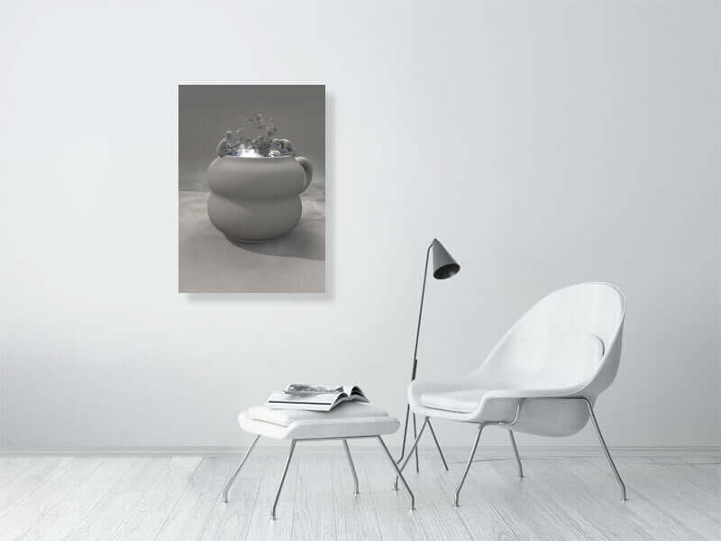 Modern living room with a digital art print titled "Cup - Clay Mode" on the wall, featuring a trippy design on giclée Hahnemühle Photorag paper.