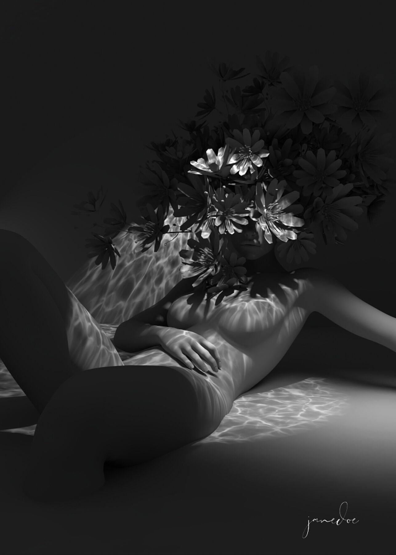 Black and white digital art print of a reclining figure with flowers obscuring their face, featuring trippy, modern design.