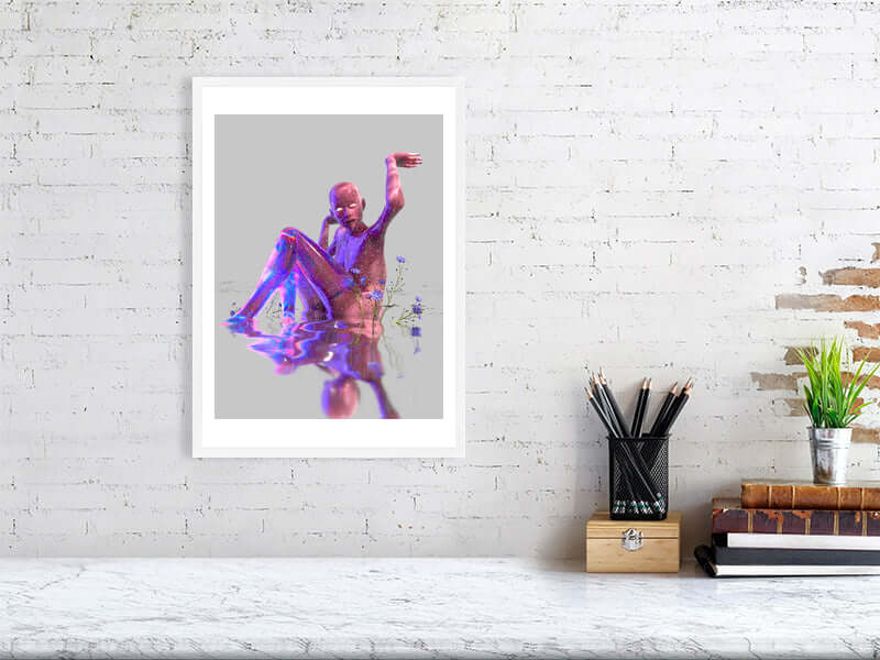 Digital art print in a frame showcasing a trippy, modern design on Hahnemühle Photorag paper, displayed on a white brick wall.