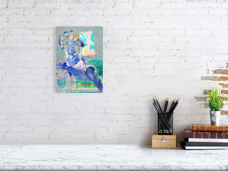 Trippy digital art print on a white brick wall, framed canvas print with vibrant colors, featuring modern and abstract design, big canvas.