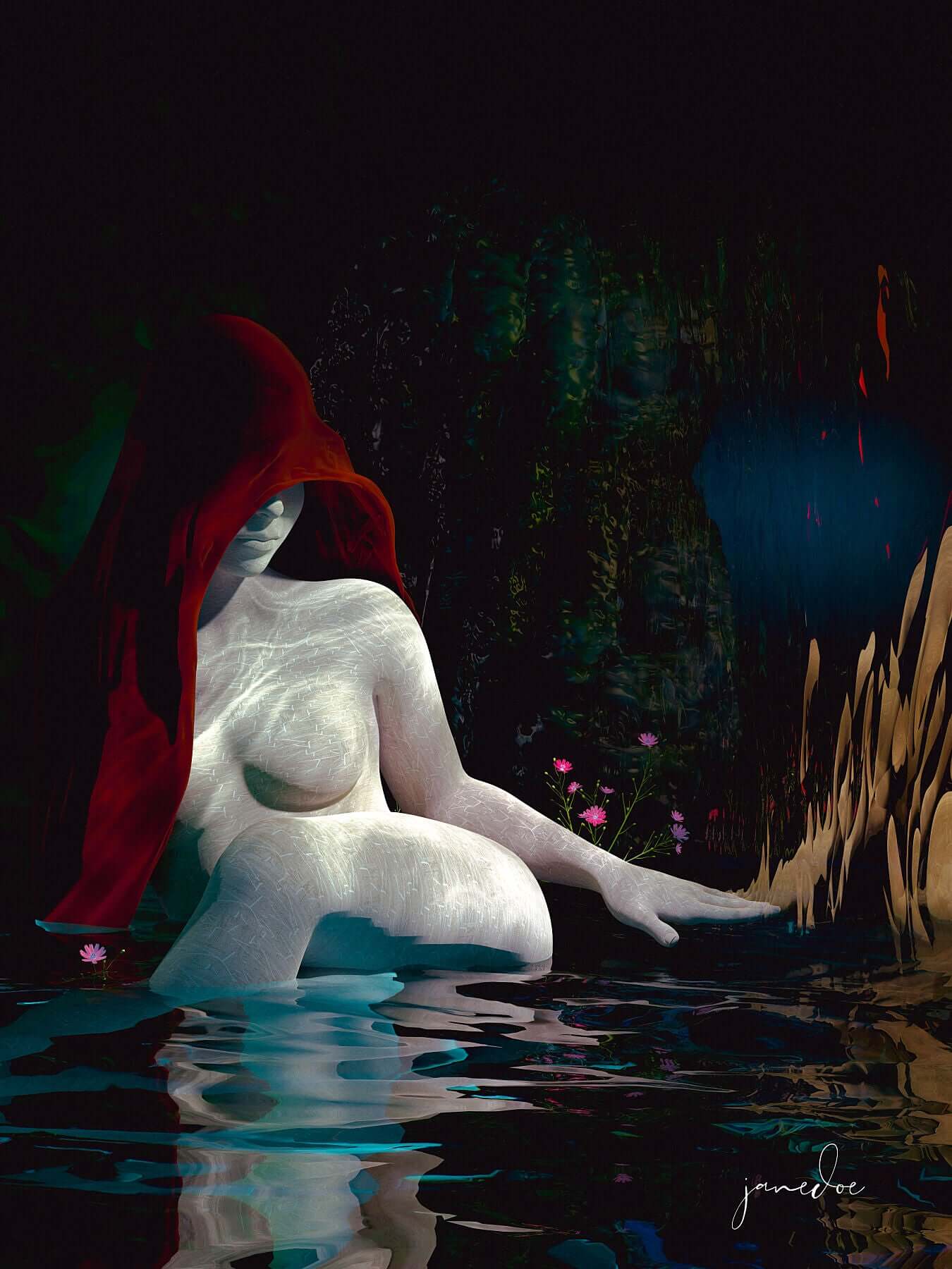 Moody Era digital art print with a trippy, modern aesthetic, featuring a nude figure with a red hood in a reflective water scene.