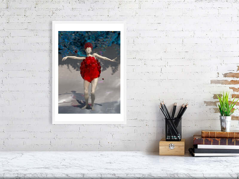 Framed digital art print titled Rasberry Dreams, featuring a trippy, modern design with a figure in red on premium Hahnemühle Photorag paper.