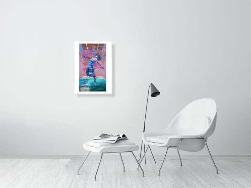 Modern living room with framed trippy digital art print on white wall, featuring a futuristic figure, minimal white chair and lamp nearby