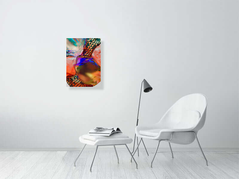 Modern trippy digital art print on framed canvas in a minimalist room with white chair and table, showcasing vibrant colors and abstract design.