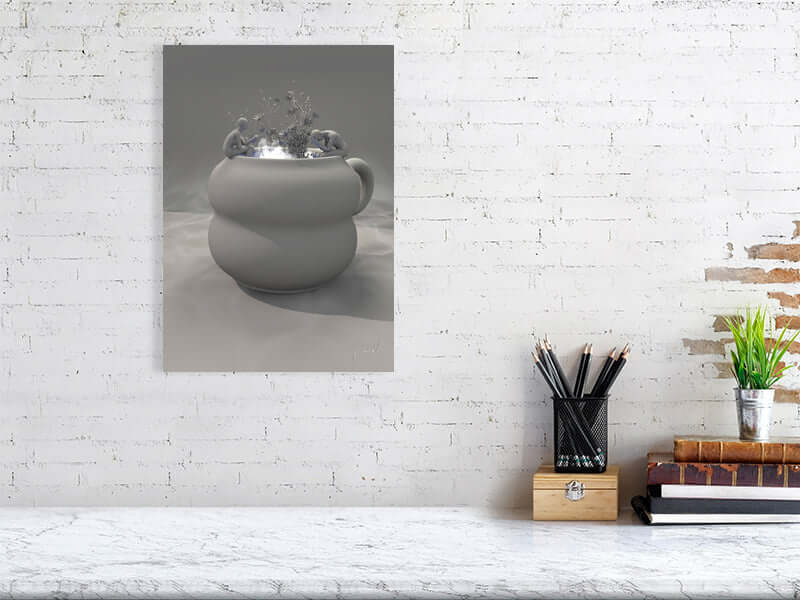 Trippy digital art print titled "Cup - Clay Mode" on Hahnemühle Photorag paper, featuring a modern design, displayed on a white brick wall.