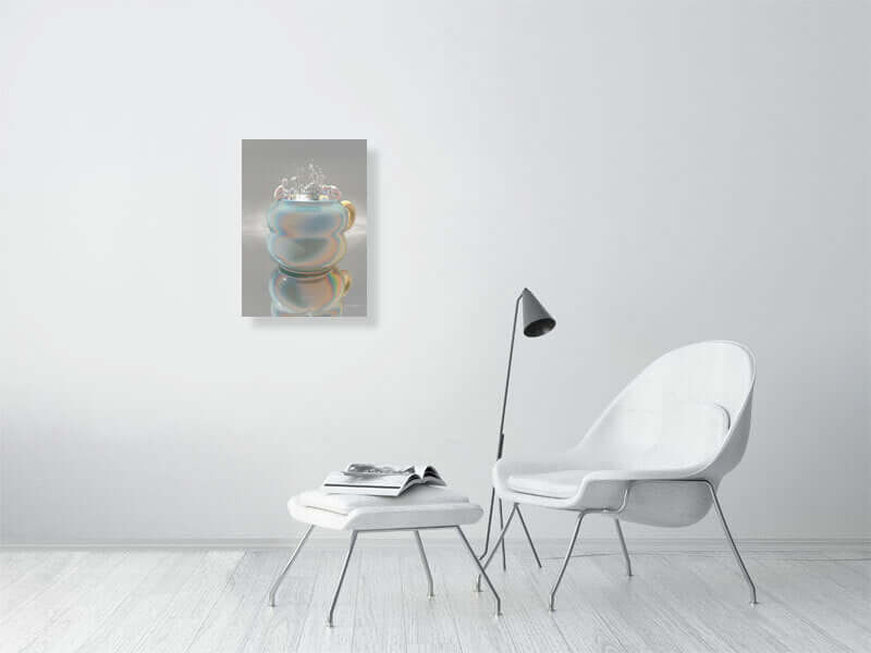 Modern living room with a framed trippy digital art print of a cup on Hahnemühle Photorag paper, displayed on a smooth white wall.