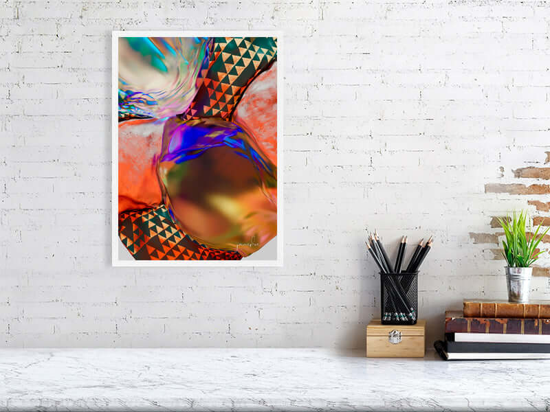 Trippy modern digital art print on Hahnemühle Photorag, framed canvas in a luxurious finish, displayed on a white brick wall