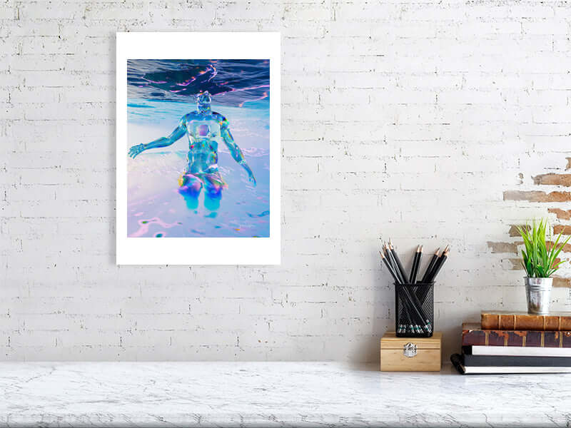 Framed digital art print titled "Head In The Clouds" on Hahnemühle Photorag paper, depicting a trippy, modern design, displayed on a white brick wall.