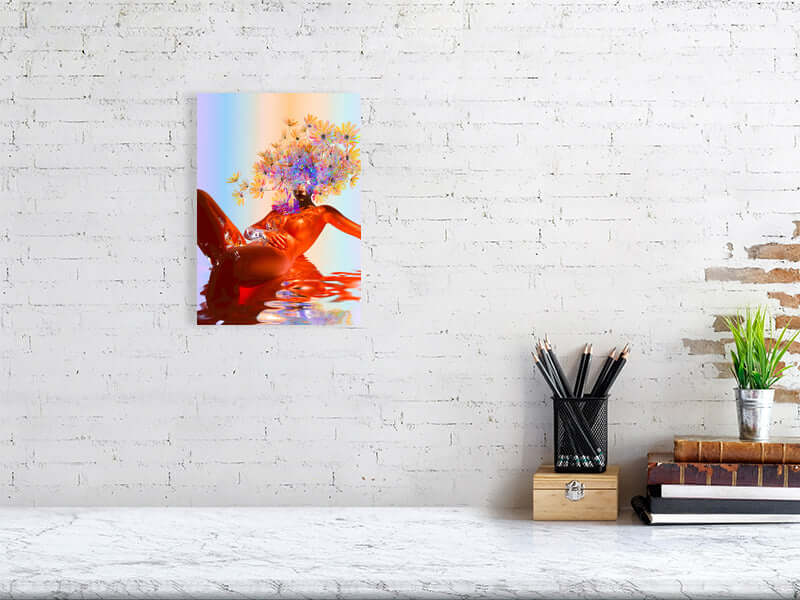 Colorful digital art print on white wall, featuring a trippy modern design on Hahnemühle Photorag paper, framed canvas print.