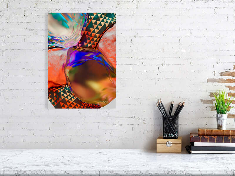 Vibrant trippy digital art print on big canvas with geometric patterns, framed and displayed on a modern white brick wall.