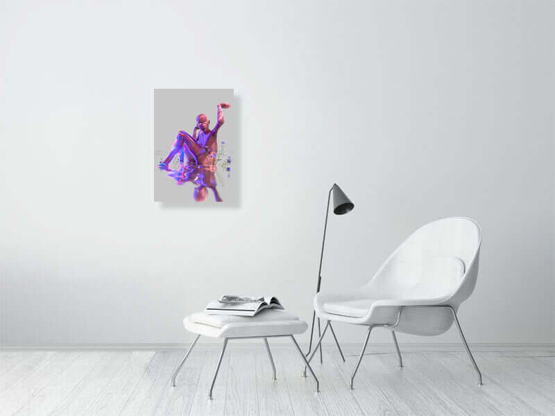 Digital art print of a vibrant, trippy design in a modern living room with white furniture and a framed canvas print hanging on the wall.