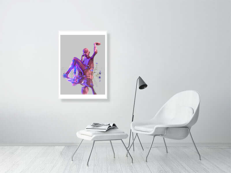 Modern trippy digital art print on framed canvas, featuring vibrant colors and smooth texture, displayed in an elegant minimalist room.