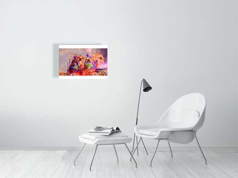 Modern trippy digital art print on a white wall above a chair and table in a minimalistic room setting.