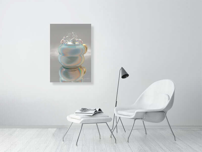 Modern trippy digital art print on framed canvas with smooth cottony texture, displayed in minimalist living room.