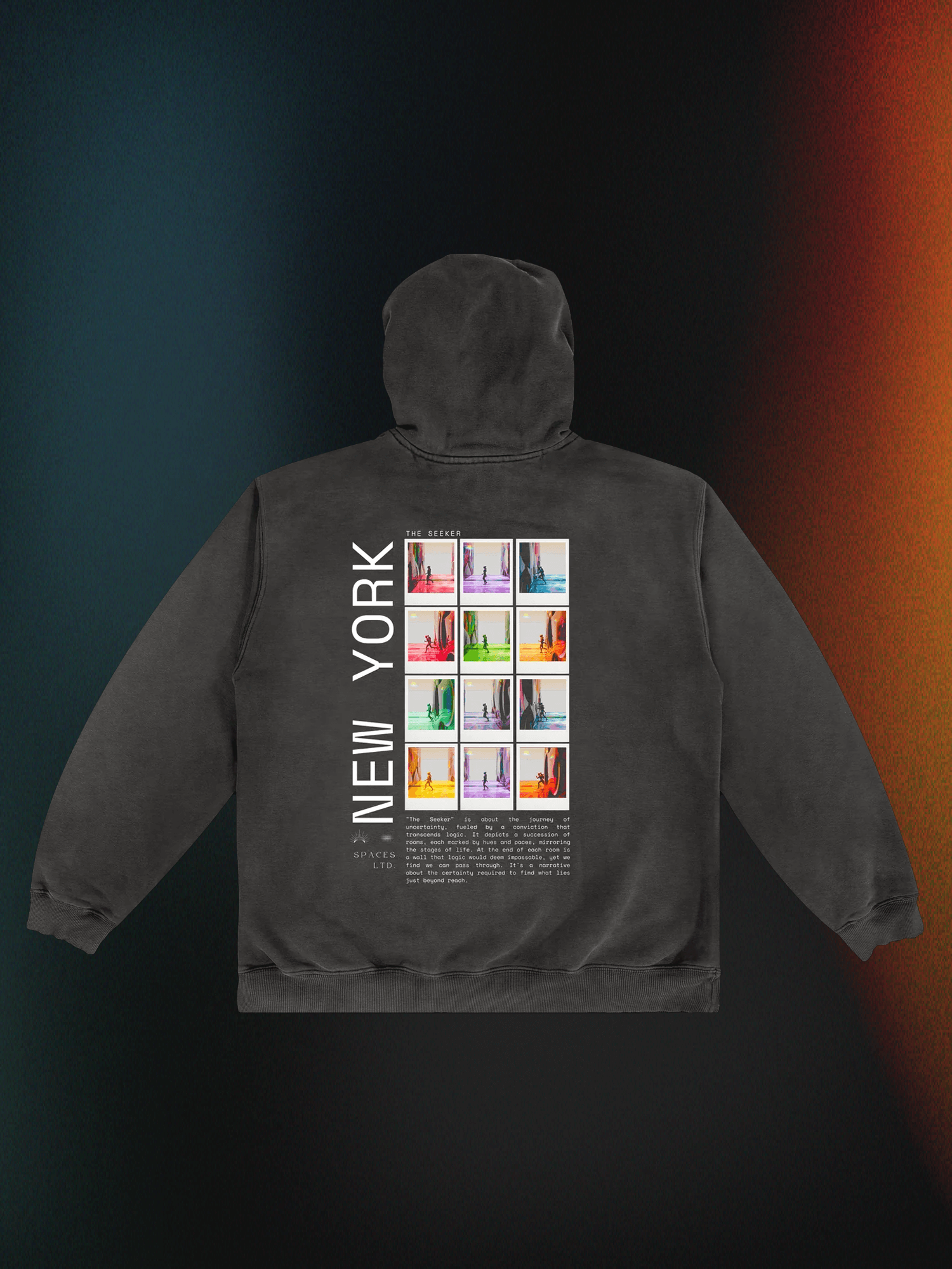 Oversized black pullover hoodie with trippy digital art print of New York cityscapes in various hues, modern design on framed canvas-like back.