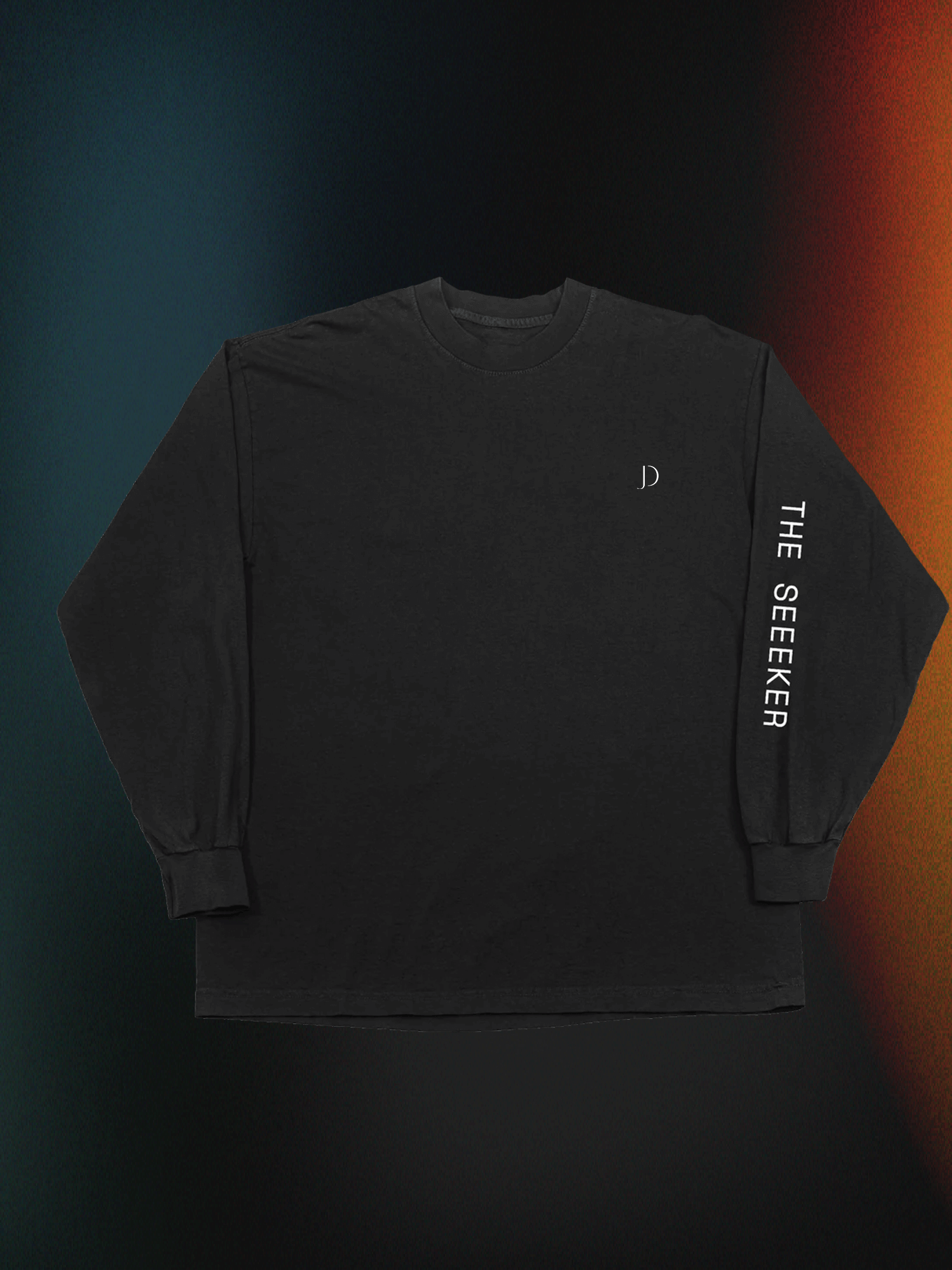 Black "The Seeker" long sleeve t-shirt with white text on sleeve, modern and trippy design, 100% cotton, digital art print backdrop.