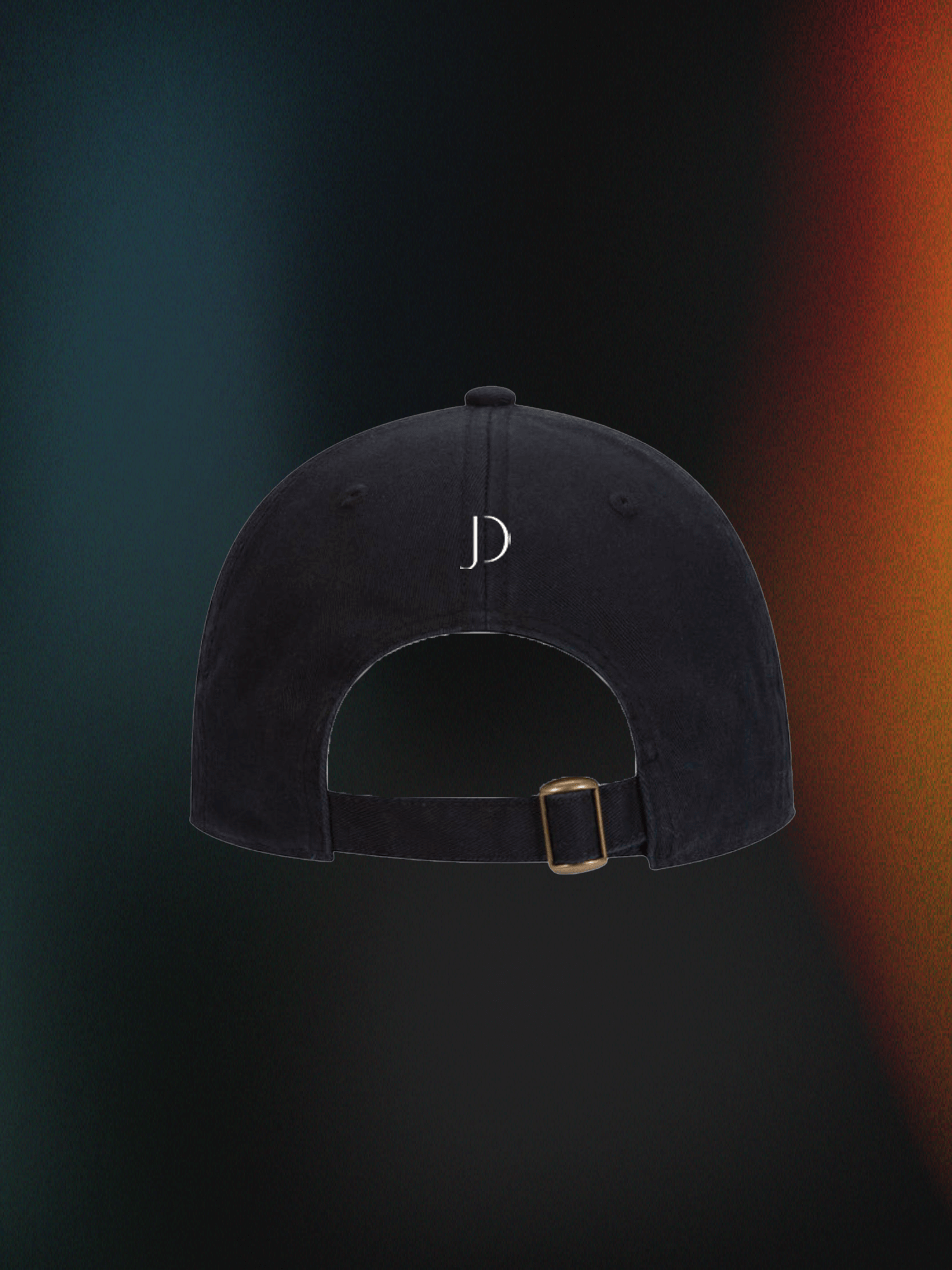 Back view of black low profile dad hat with buckle, set against trippy, modern digital art print background on framed canvas.